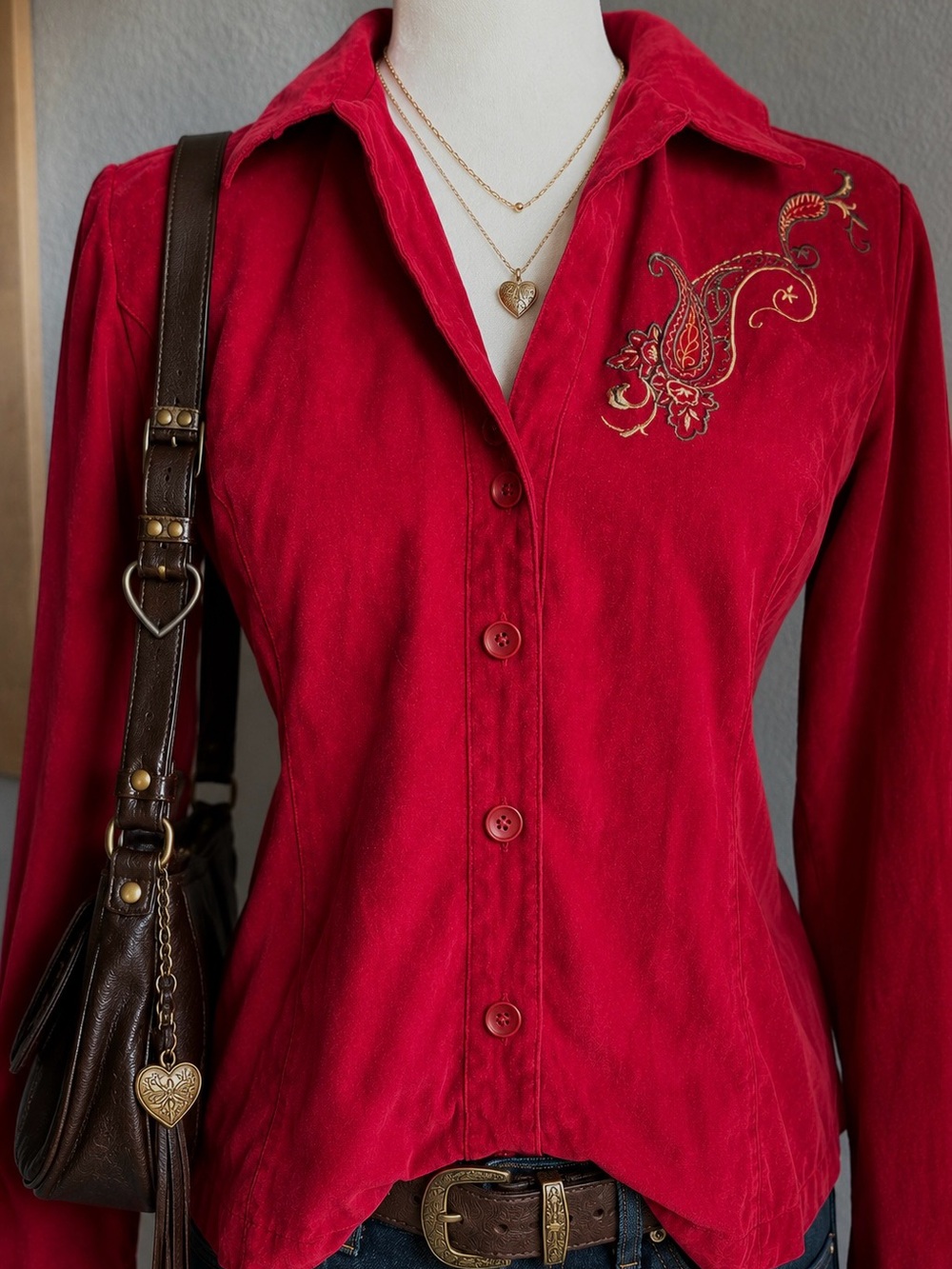 Vintage Studio I Petite Red Embroidered Paisley Button-up Blouse | Western Boho